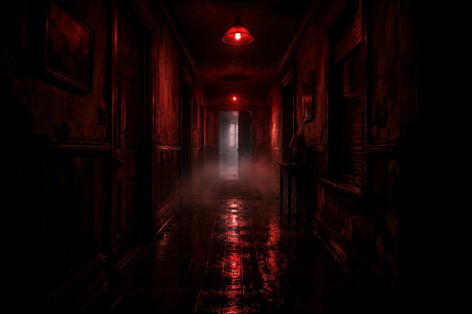 Red-lit haunted corridor