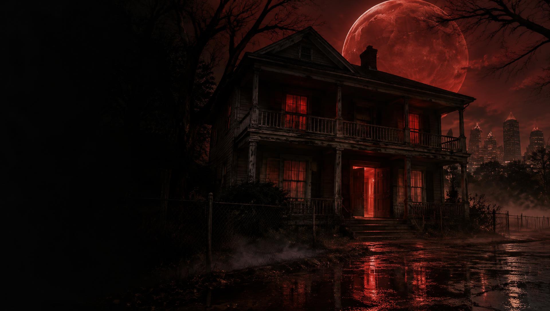 Cinematic haunted house beneath a red moon